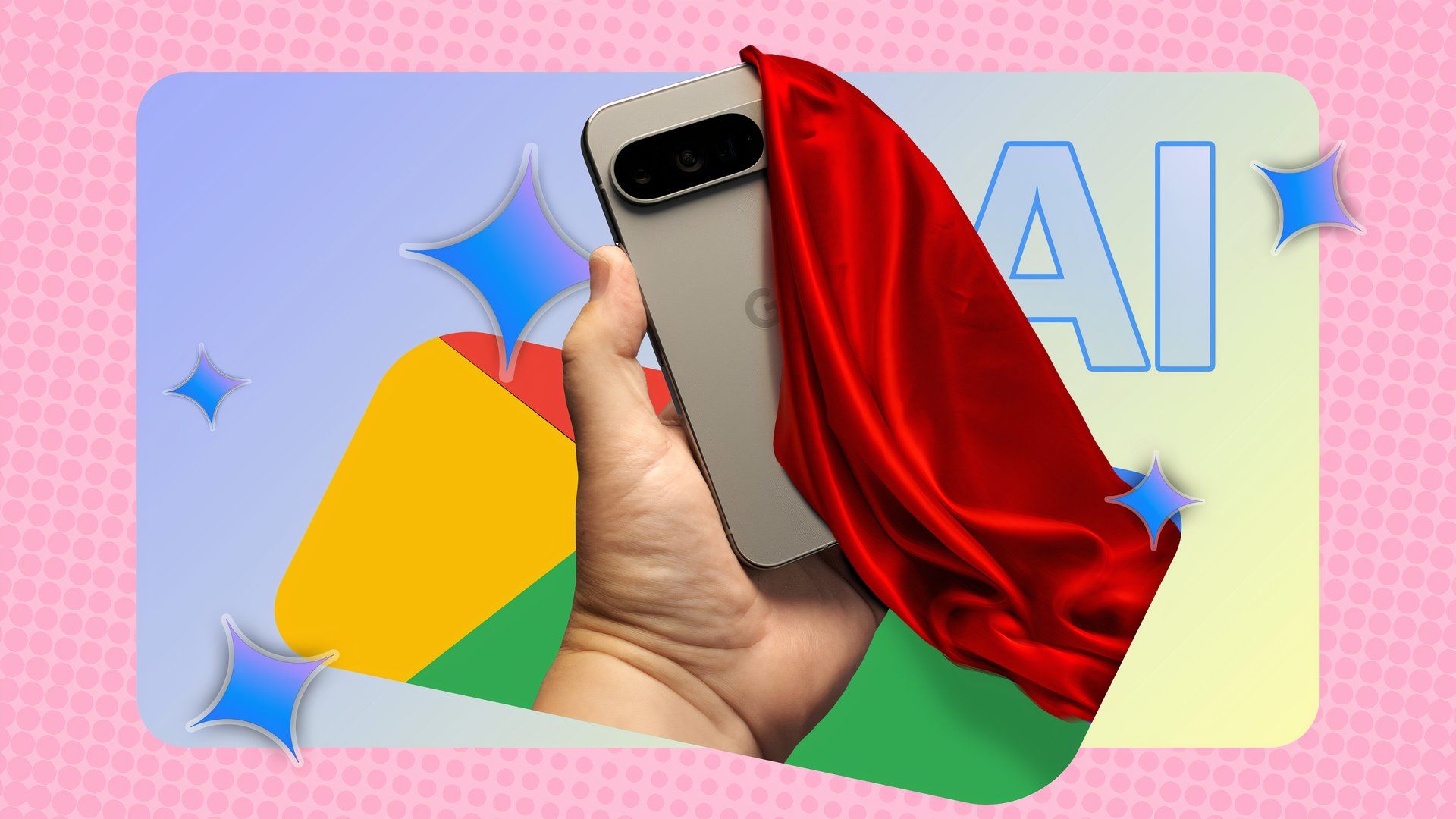 A hand holding a Google Pixel covered by a red cloth with 'AI' written behind, and some AI sparkles around.