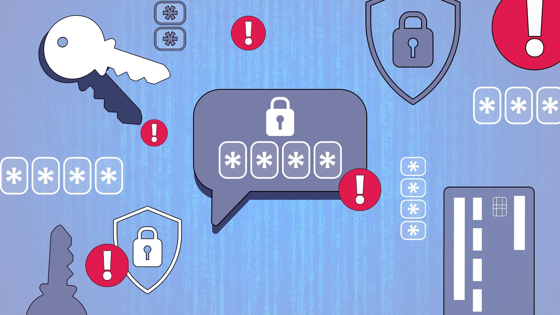 A message bubble with a security code, surrounded by icons of passwords, padlocks, keys, and a credit card, all encircled by multiple alert icons