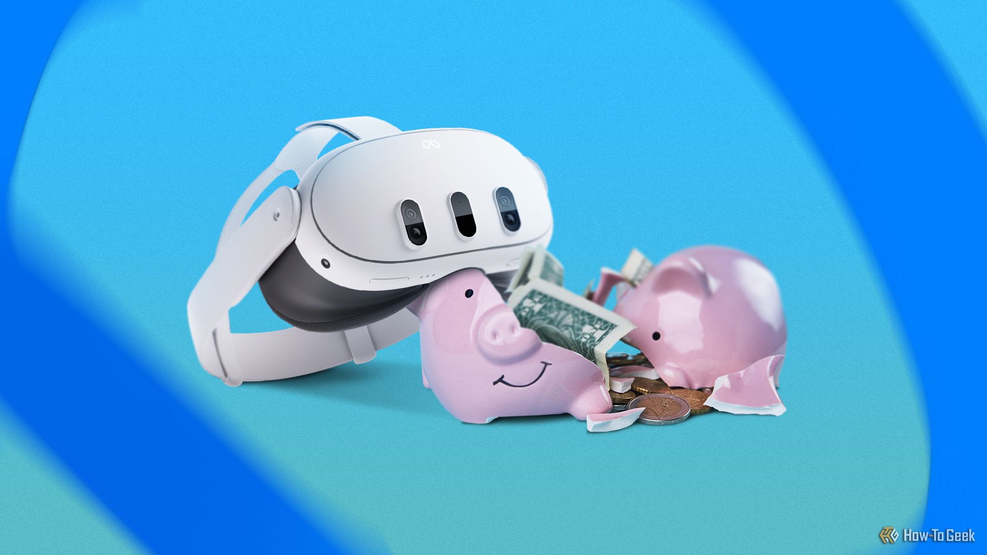 A Meta Quest 3 next to a broken piggy bank with coins and cash inside.
