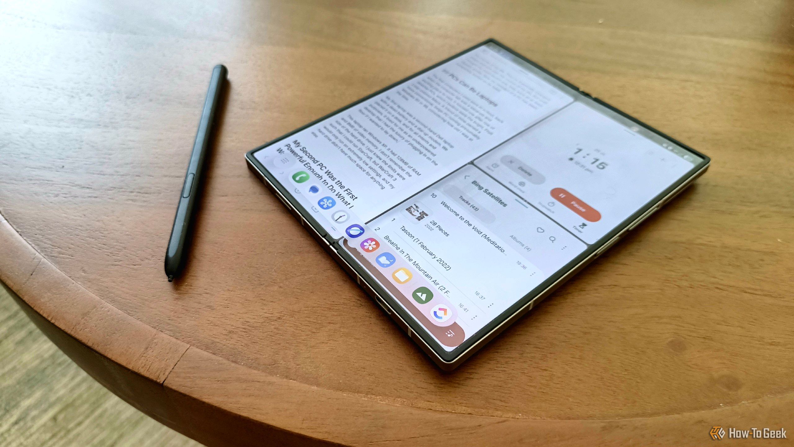 A Samsung Galaxy Z Fold 6 with S Pen on a coffee table.
