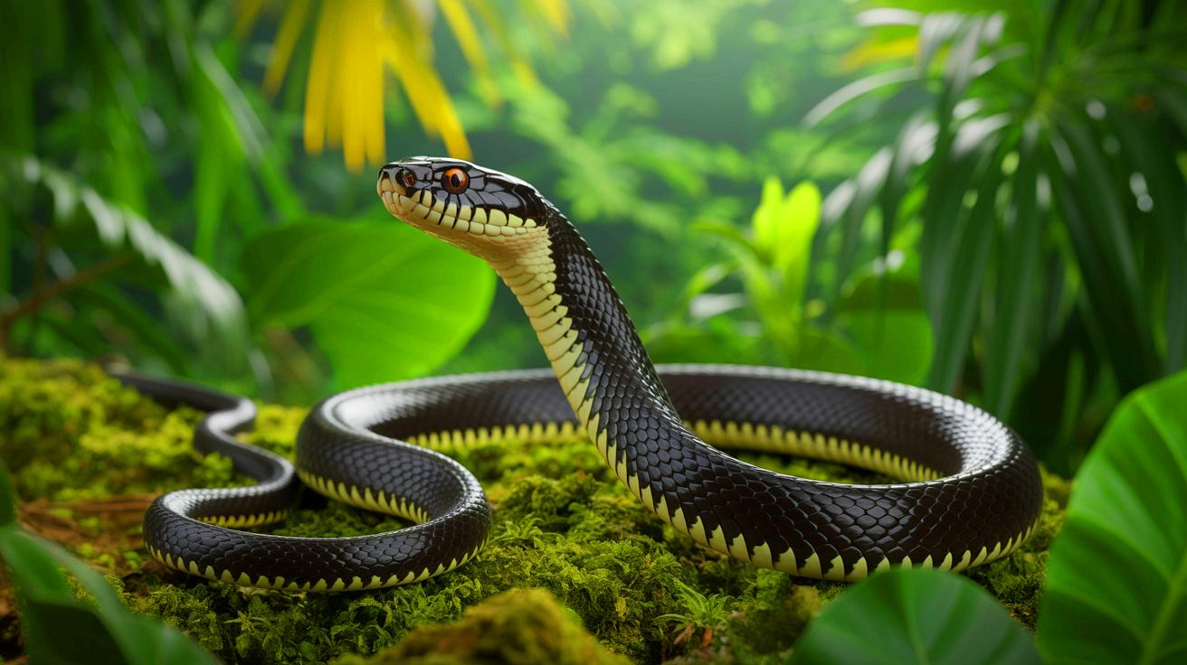 Illustration of a newly discovered black-eyed snake species on Misima Island. Image generated by AI.