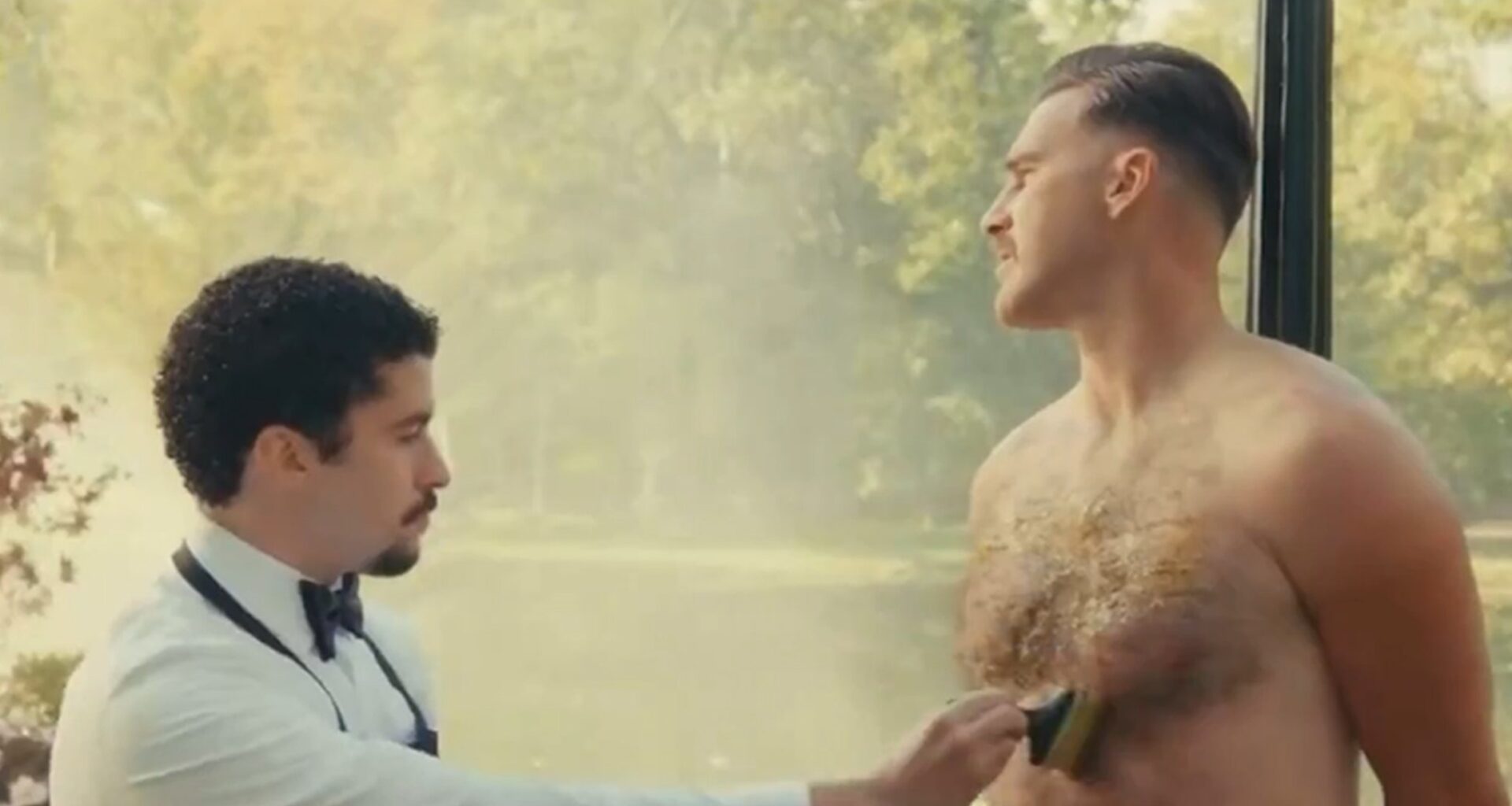 Bad Bunny Rubs Honey on Travis Kelce's Shirtless Body In 'Happy Gilmore 2'