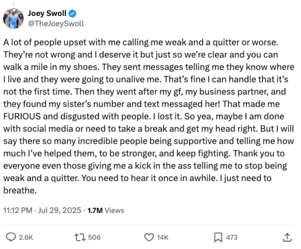 Tweet by Joey Swoll addressing criticism about taking breaks, focusing on the importance of mental health and personal boundaries