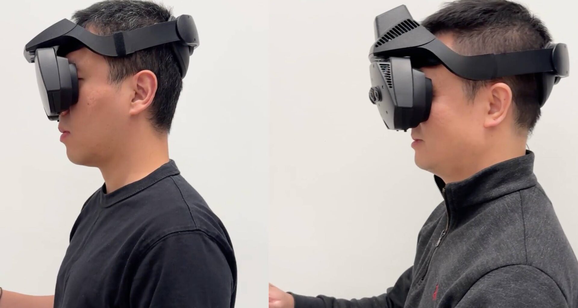 Researchers wearing protorype VR and MR headsets