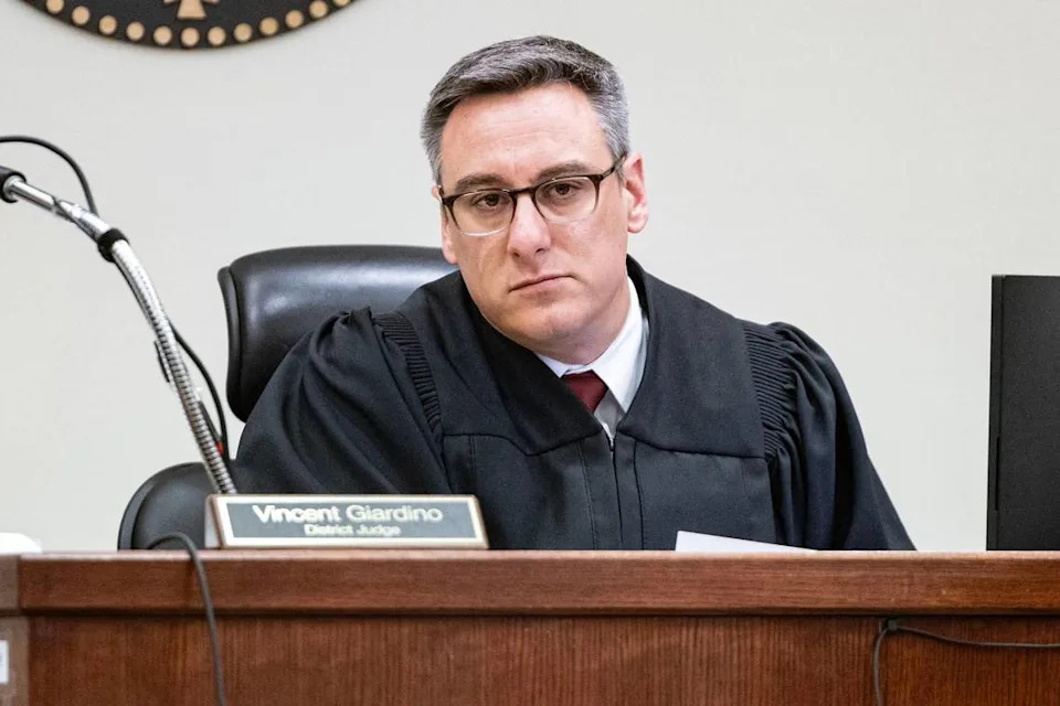 Judge Vincent Giardino listens to the defense attorneys during the capital murder trial of Jacoby Roberts in the 369th District Court at the Tim Curry Criminal Justice Center in Fort Worth on Thursday, July 24. Roberts shot his cousin to death in a robbery in Fort Worth.