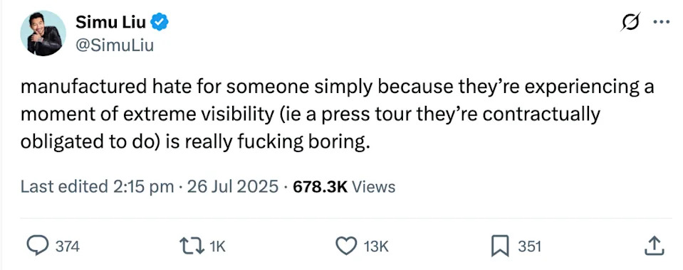 Simu Liu tweet criticizing unjust hate towards individuals experiencing public visibility during press tours