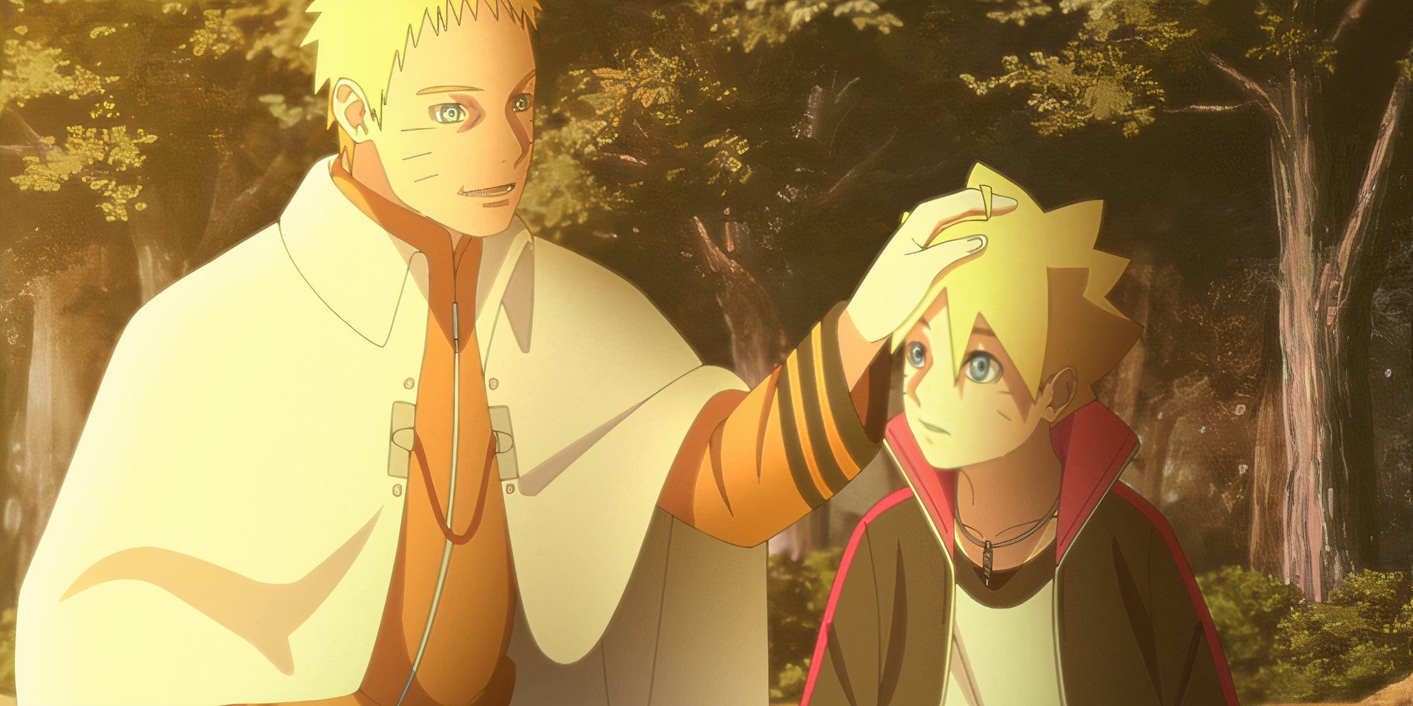 Adult Naruto from Boruto comforts his son with a kind smile on his face