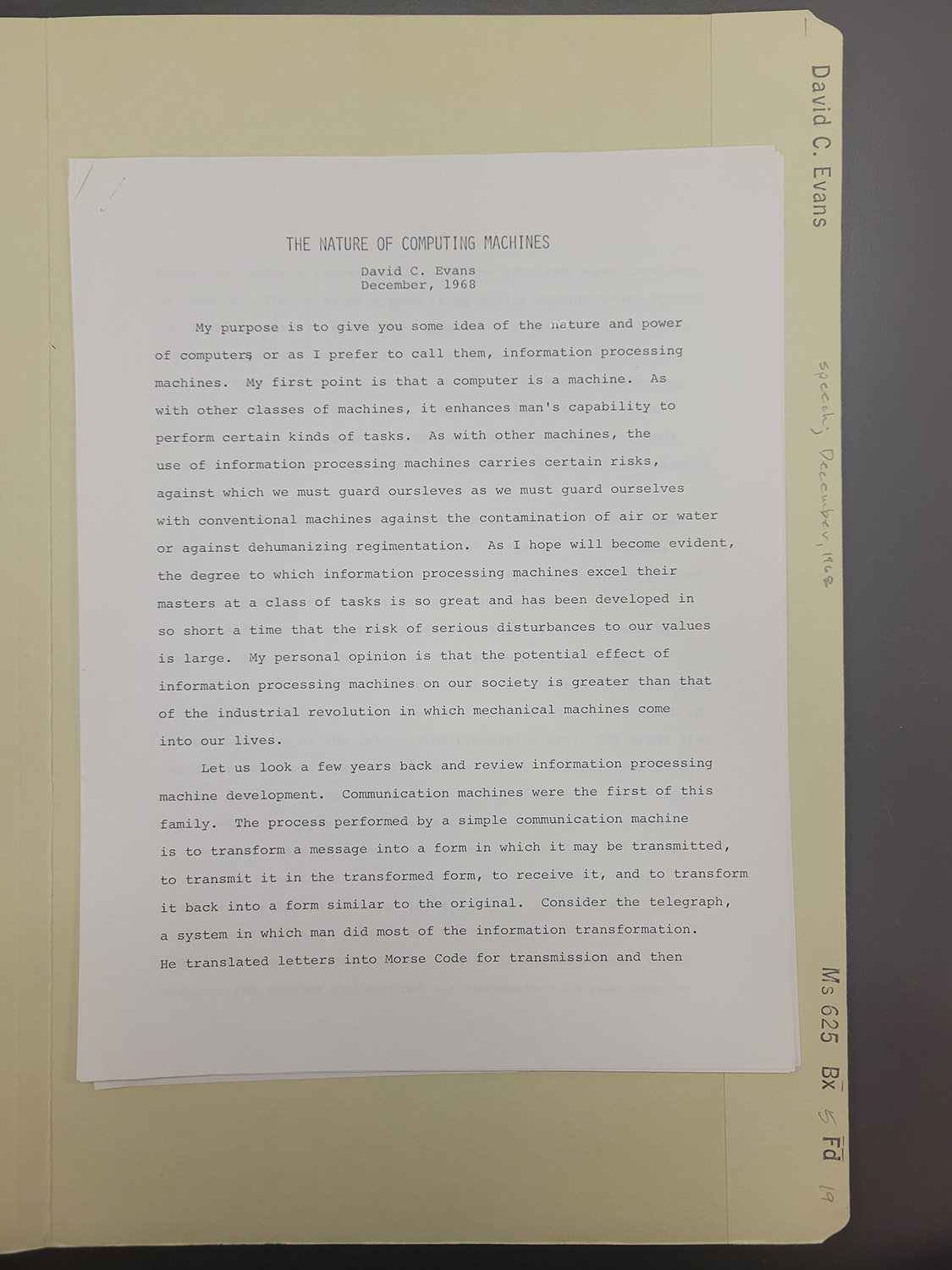 the front page of a typewritten speech by David C. Evan's speech from 1968