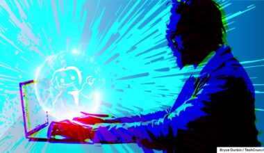 an illustration of a person using an AI chatbot on a blue, explosive background
