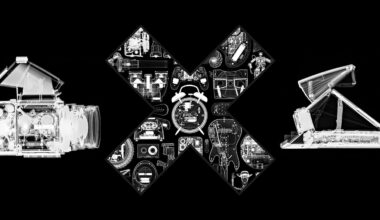 X-ray style image showing an open camera on the left, an open laptop on the right, and a large "X" in the center filled with clocks and mechanical parts, all set against a black background.