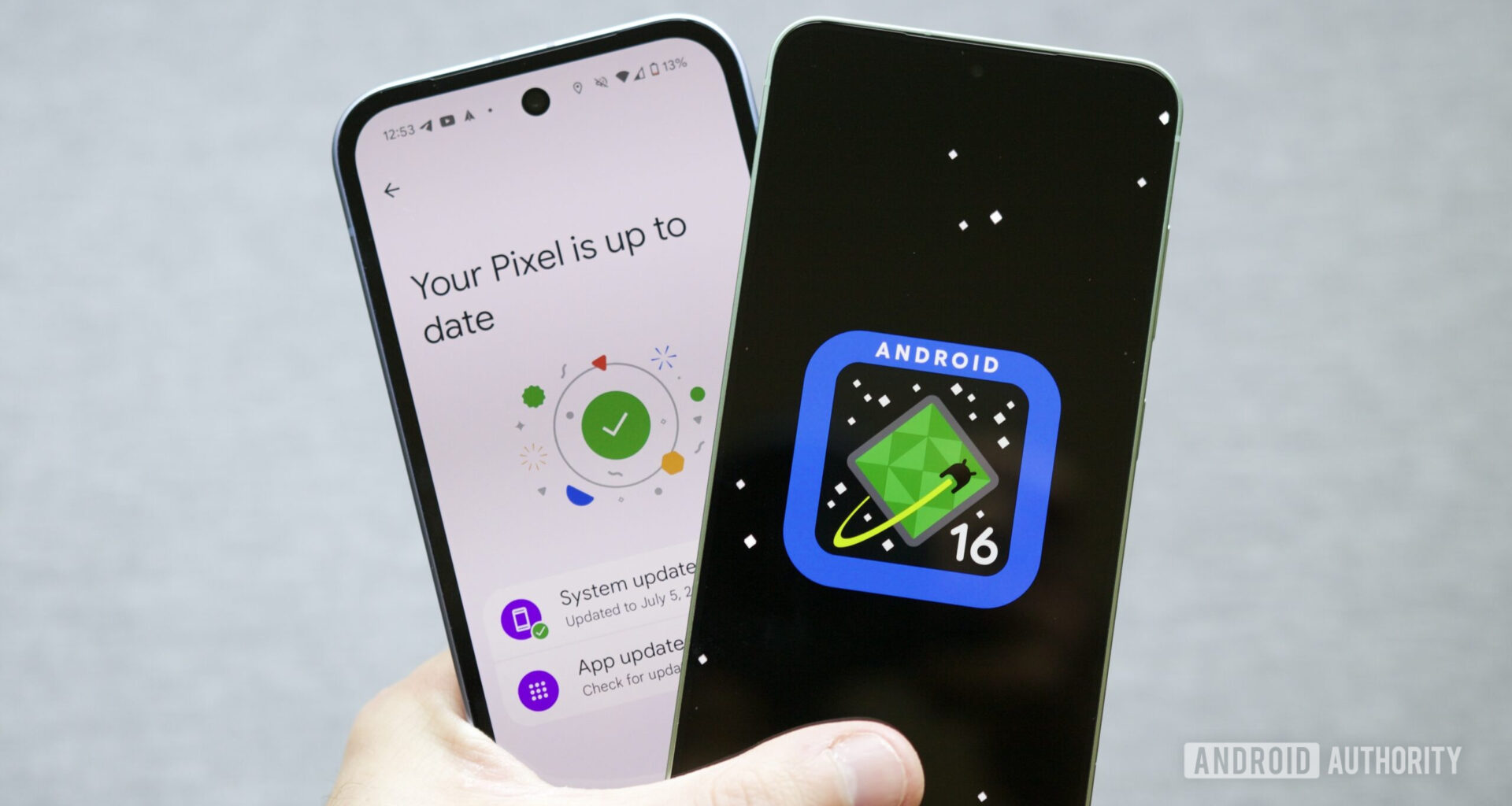 A Pixel phone showing its update screen, and a Samsung phone showing the Android 16 logo.