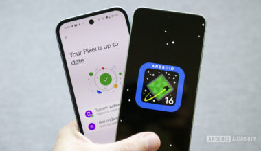 A Pixel phone showing its update screen, and a Samsung phone showing the Android 16 logo.