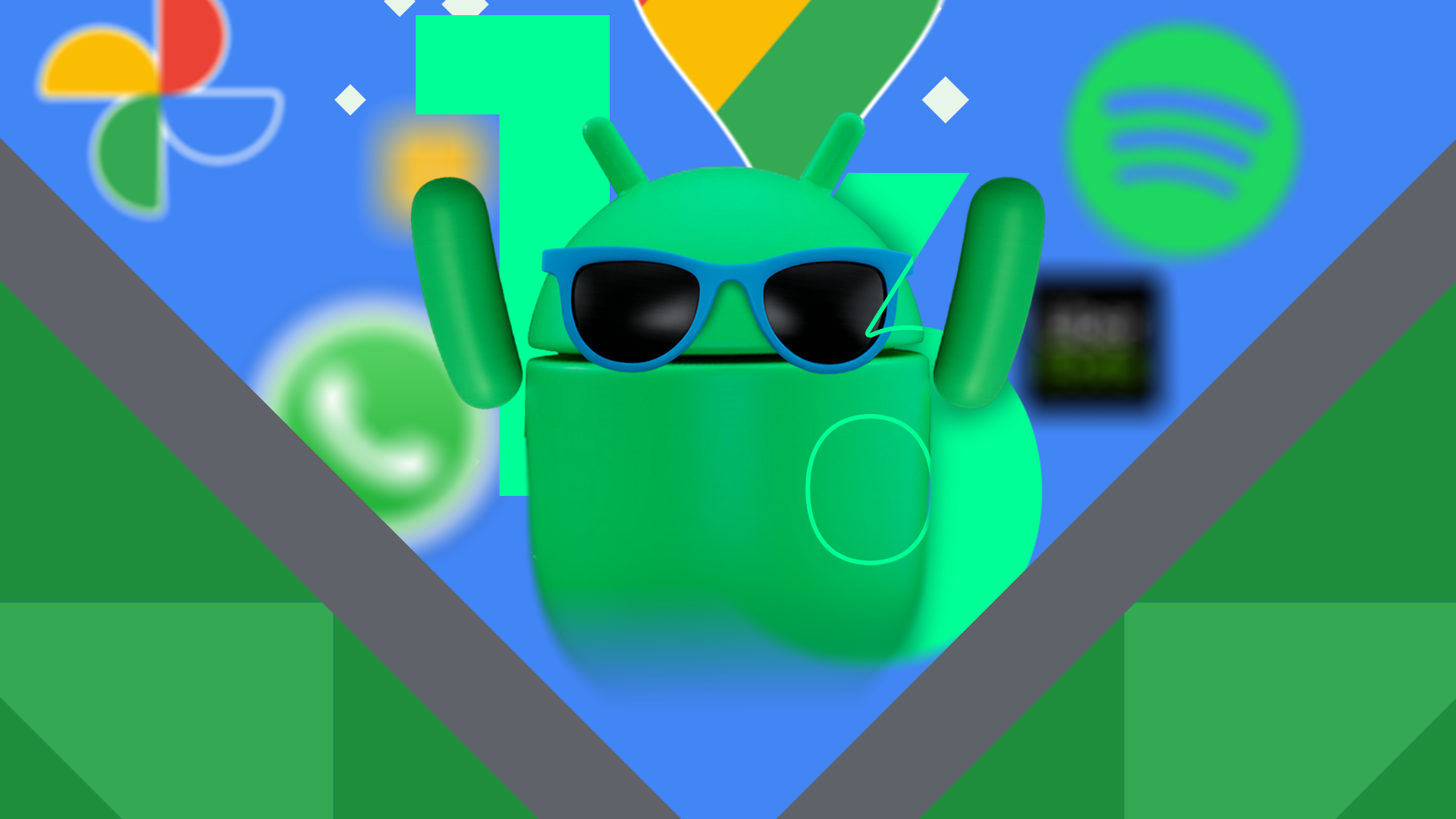 Android 16 mascot wearing blue sunglasses with arms raised, surrounded by app icons