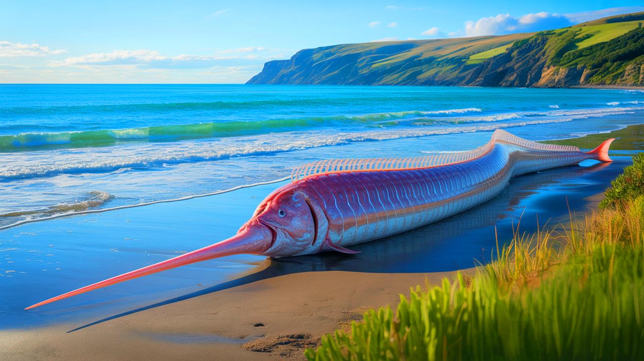 Illustration of oarfish washed ashore on the coasts of Tasmania and New Zealand. Image generated by AI.