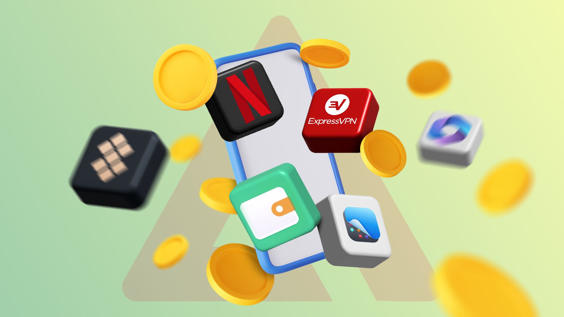 A smartphone surrounded by favorite paid app icons and coins.