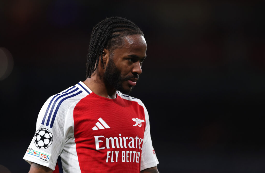 LONDON, ENGLAND - MARCH 12: Raheem Sterling of Arsenal reacts during the UEFA Champions League 2024/25 UEFA Champions League 2024/25 Round of 16 Second Leg match between Arsenal FC and PSV at Emirates Stadium on March 12, 2025 in London, England. (Photo by Ryan Pierse/Getty Images)