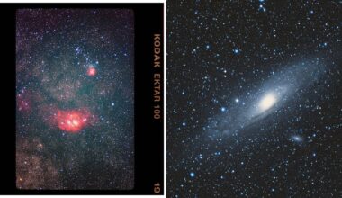 Side-by-side images: on the left, a film photo shows a star field with bright red nebulae; on the right, a digital image features the Andromeda galaxy and surrounding stars on a dark sky background.