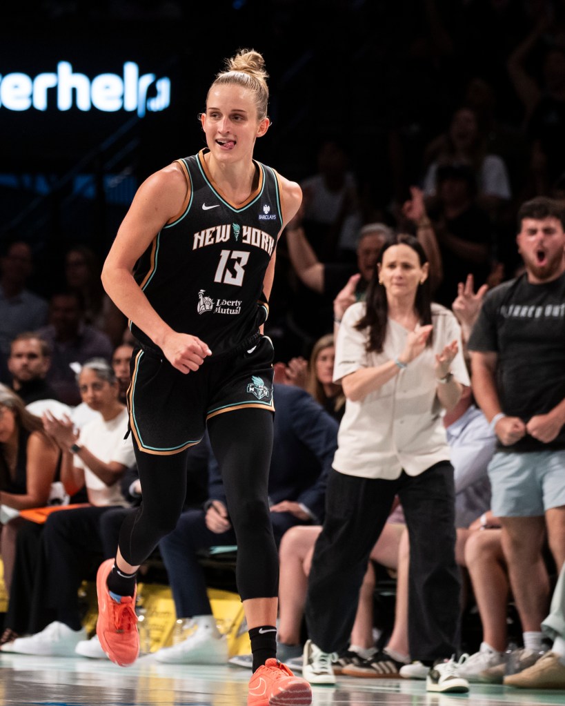 Leonie Fiebich reacts during the Liberty-Dream game on July 13, 2025.