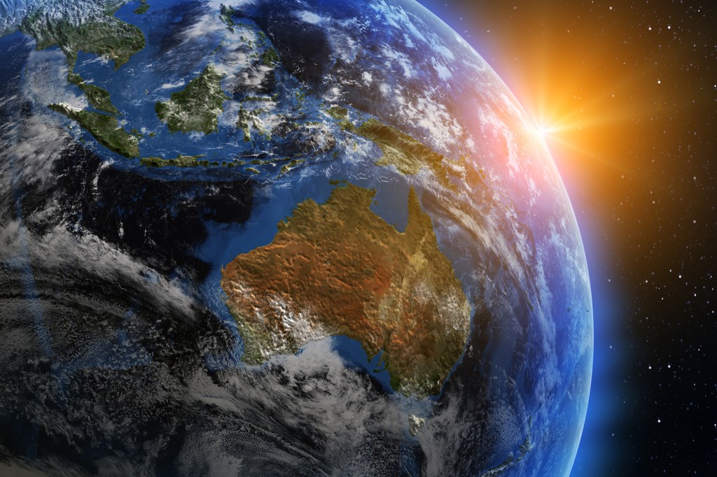 Sunrise over Australia and surrounding islands.