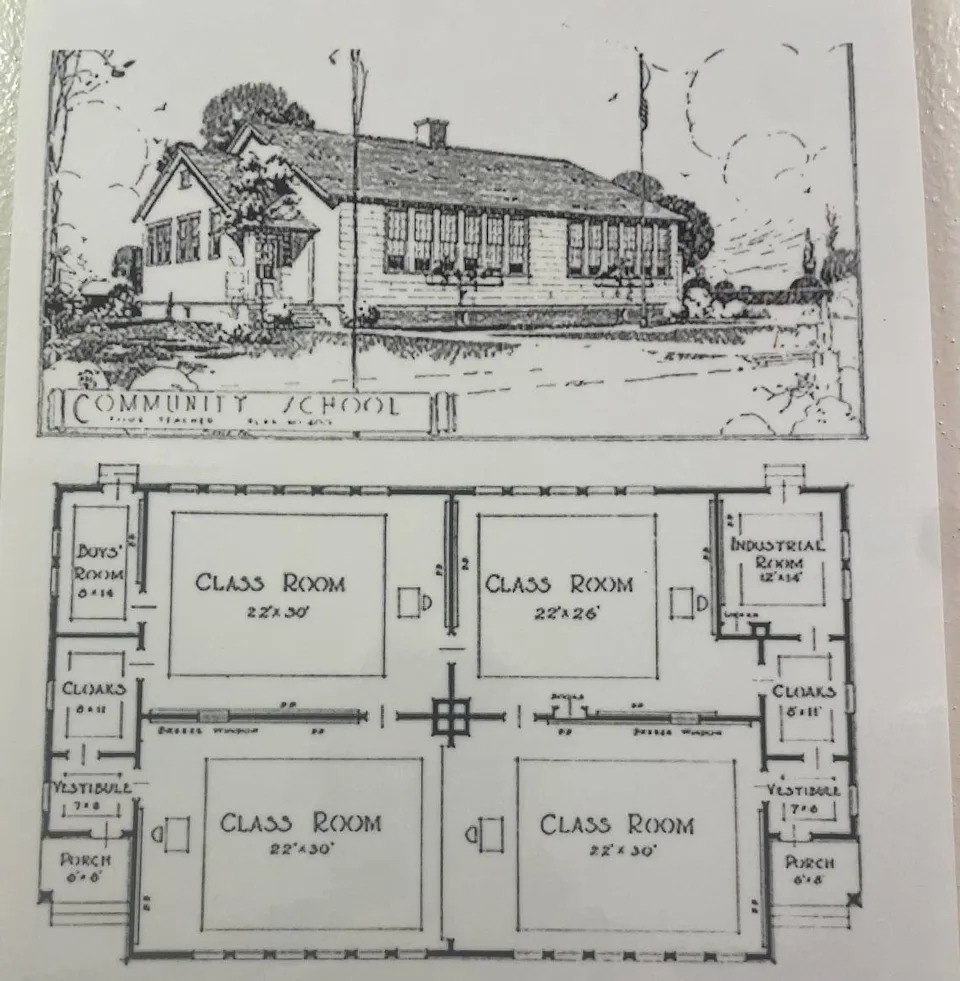 The sketch and floor plan of the Sagamore Hill Negro School are posted on the wall inside the building, where Frank Moss periodically leads tours about the history of Rosenwald Schools and the Stop Six neighborhood. 
