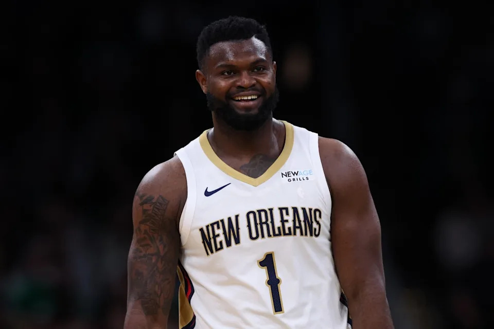 New Orleans Pelicans forward Zion Williamson (1) reacts during the second half against the Boston Celtics at TD Garden. Mandatory Credit: Paul Rutherford-Imagn ImagesCredit&colon; Paul Rutherford-Imagn Images