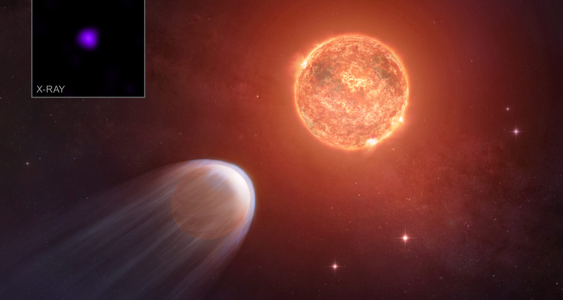 This release features an artist's illustration of a Jupiter-sized planet closely orbiting a faint red star. An inset image, showing the star in X-ray light from Chandra, is superimposed on top of the illustration at our upper left corner.