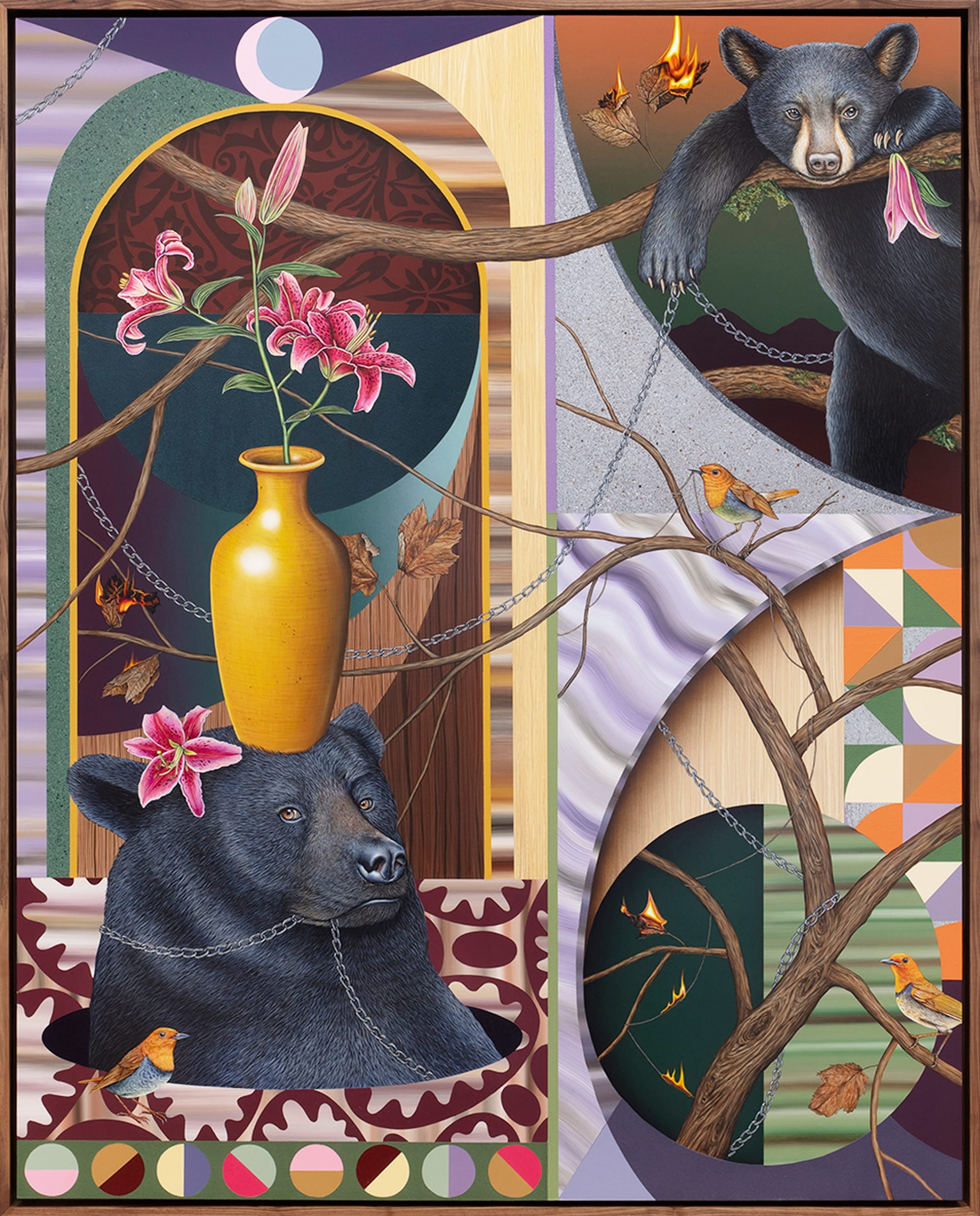 a painting of bears, plants, vases, and geomtric elements