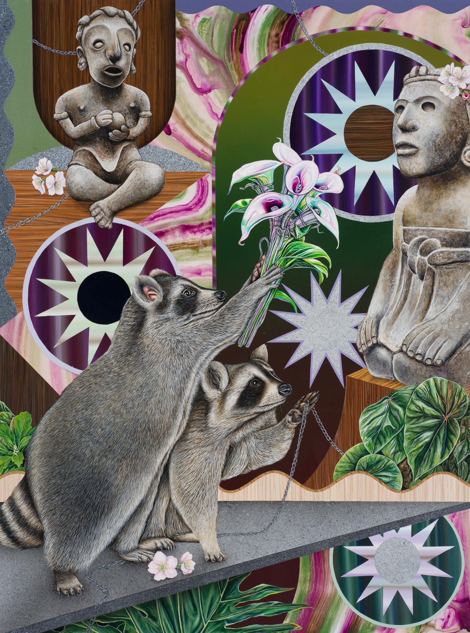 a painting of raccoons, pink flowers, mesoamerican statues, vases, and geometric elements