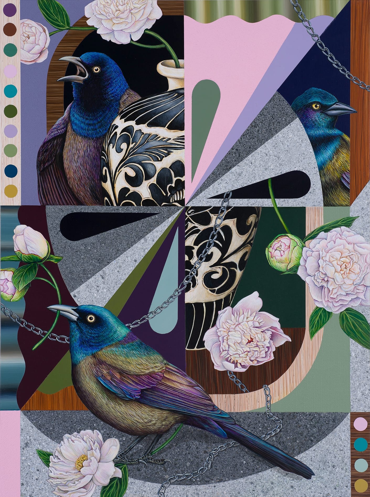 a painting of blue birds, pink flowers, a vase, and geometric elements