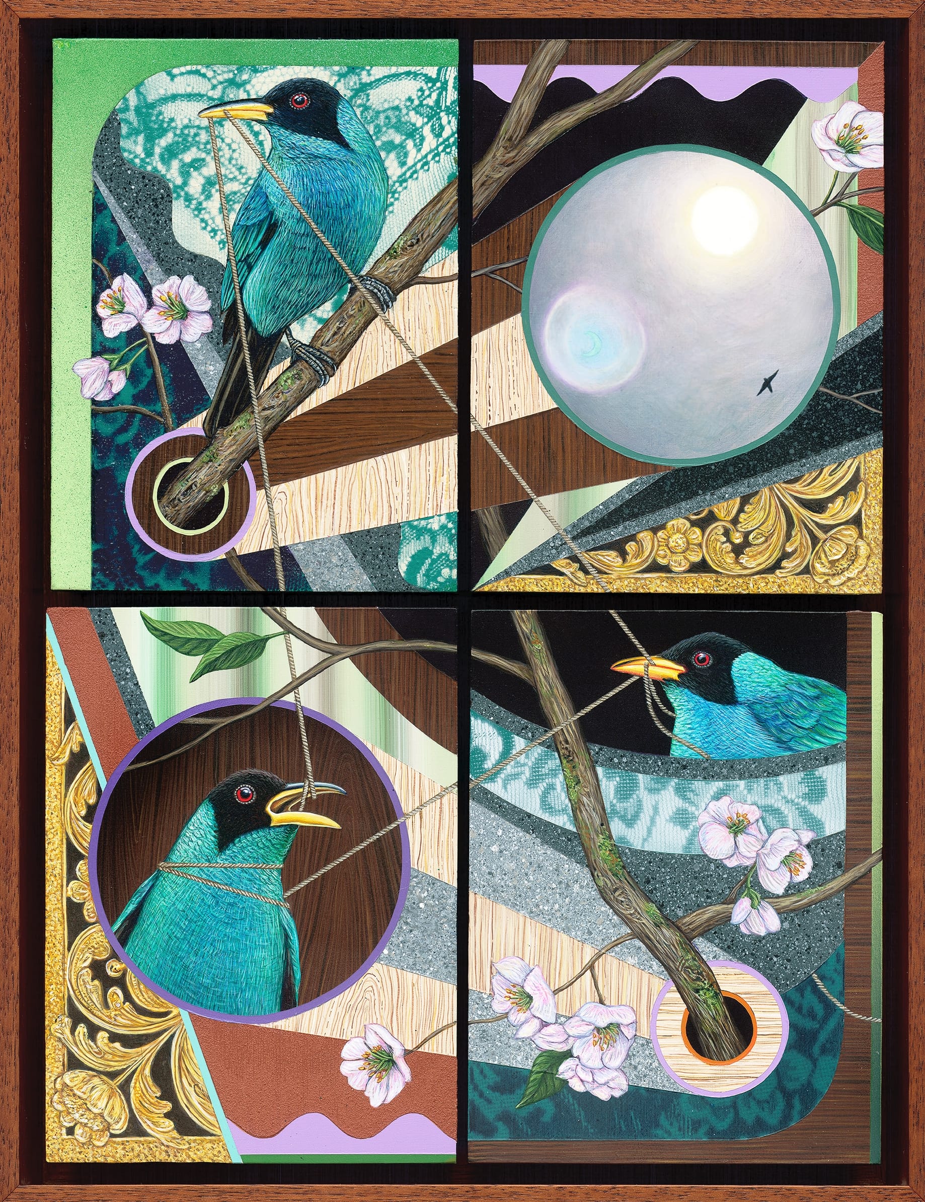 a painting of blue birds, pink flowers, and geometric elements