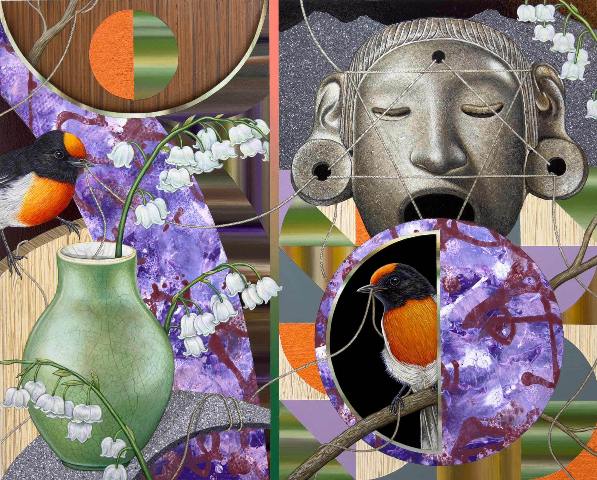 a painting of birds, purple flowers, mesoamerican statues, vases, and geometric elements