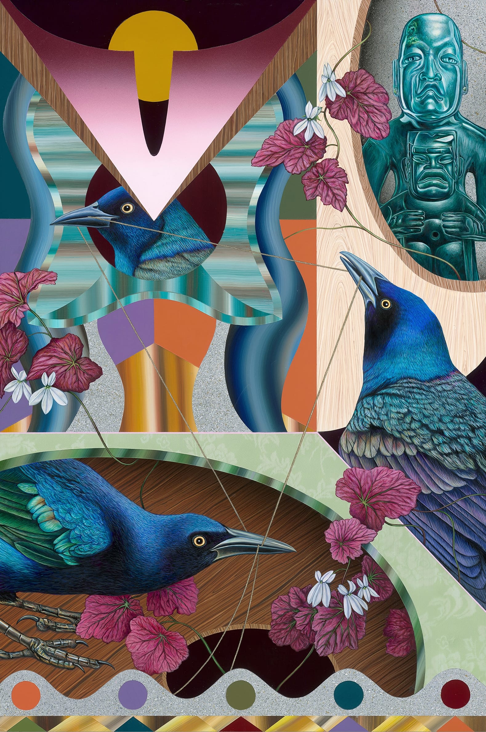 a painting of blue birds, pink flowers, mesoamerican statues, and geometric elements
