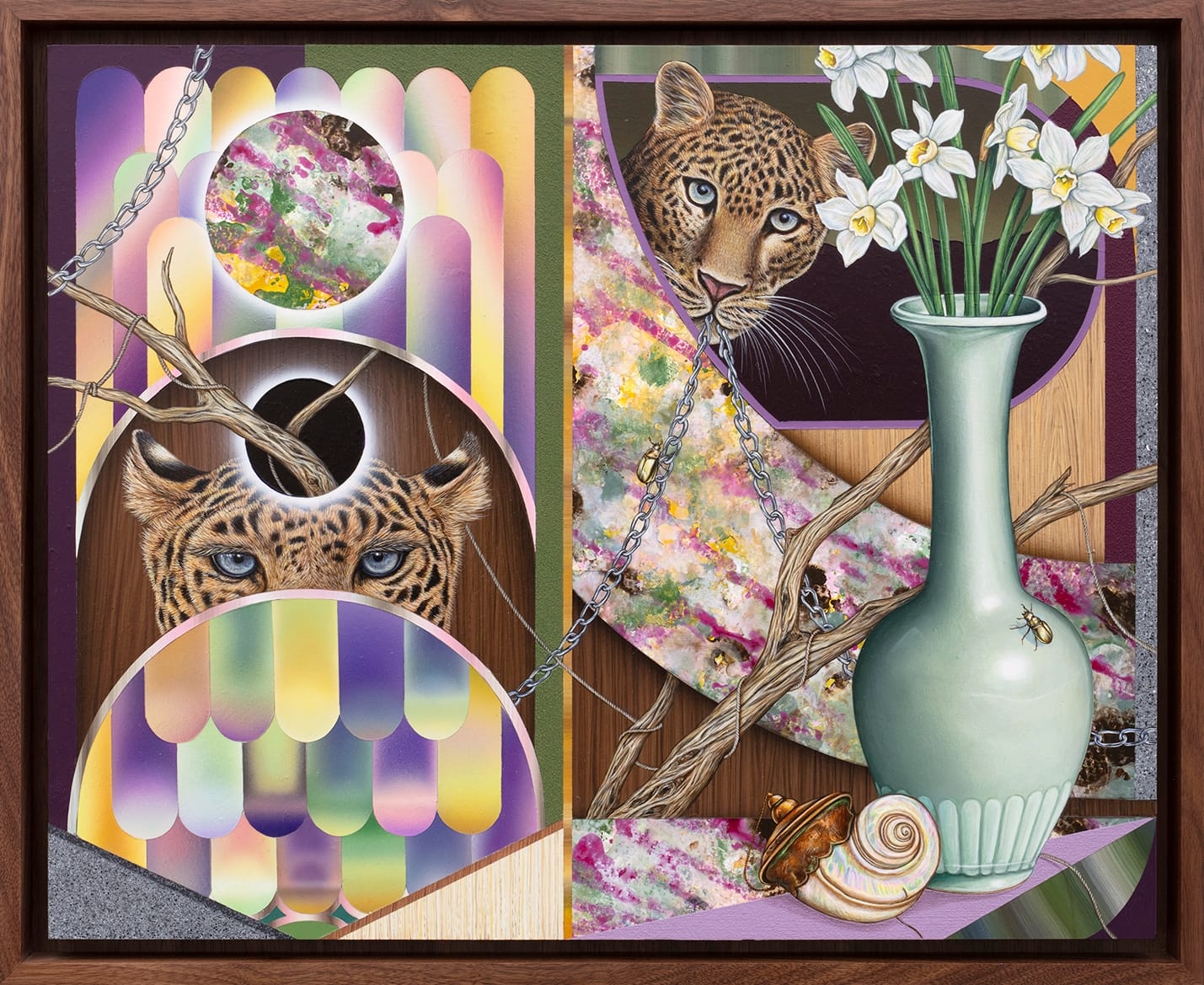 a painting of leopards, plants, vases, and geomtric elements