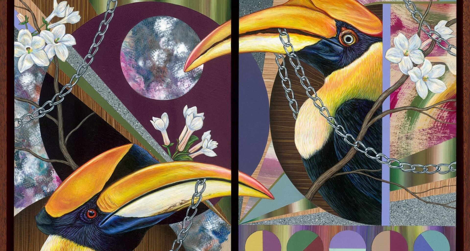 a painting of tropical birds, chains, plants, and geometric elements