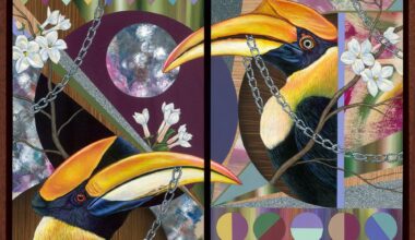 a painting of tropical birds, chains, plants, and geometric elements