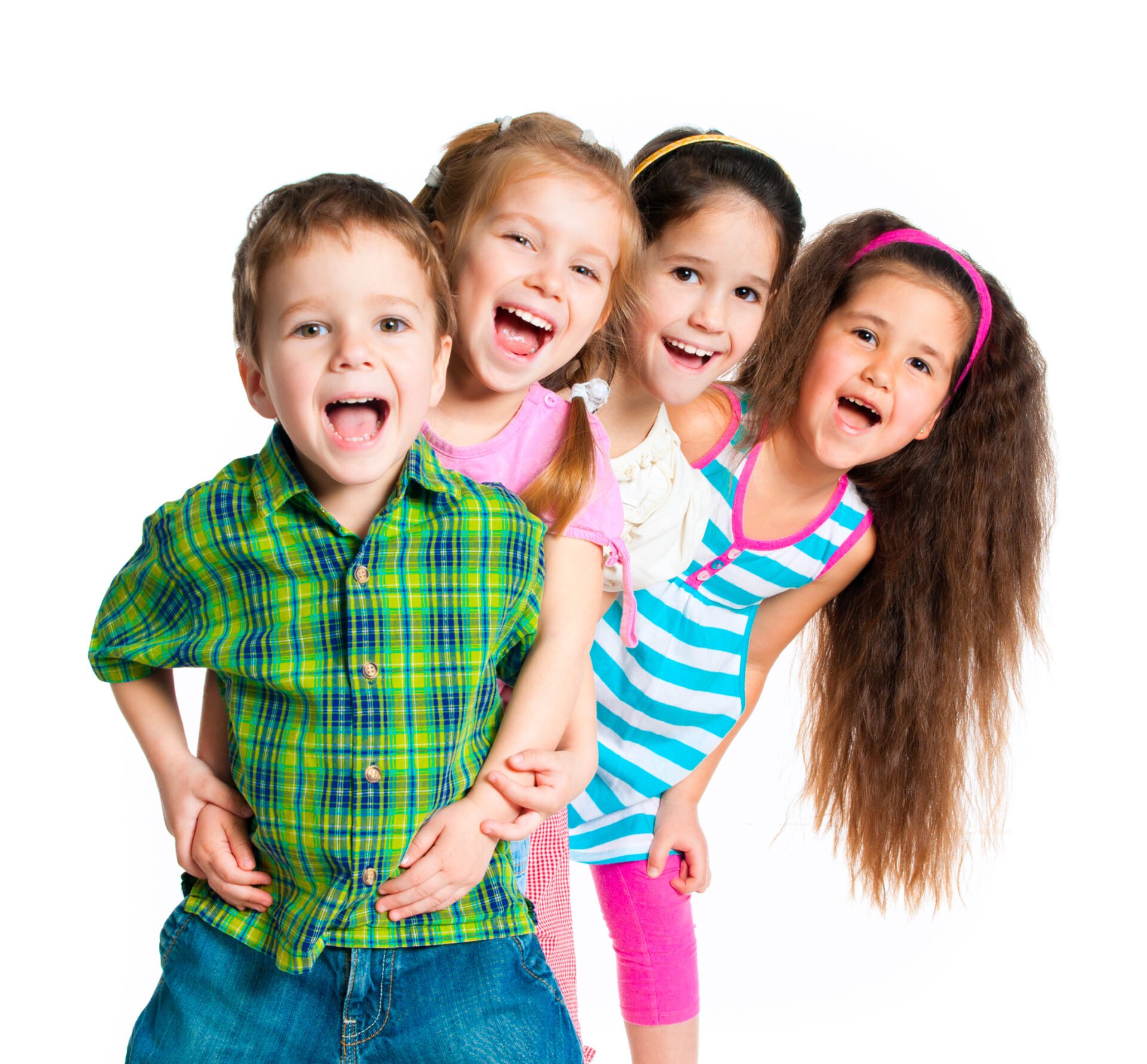 Laughing small kids on a white background