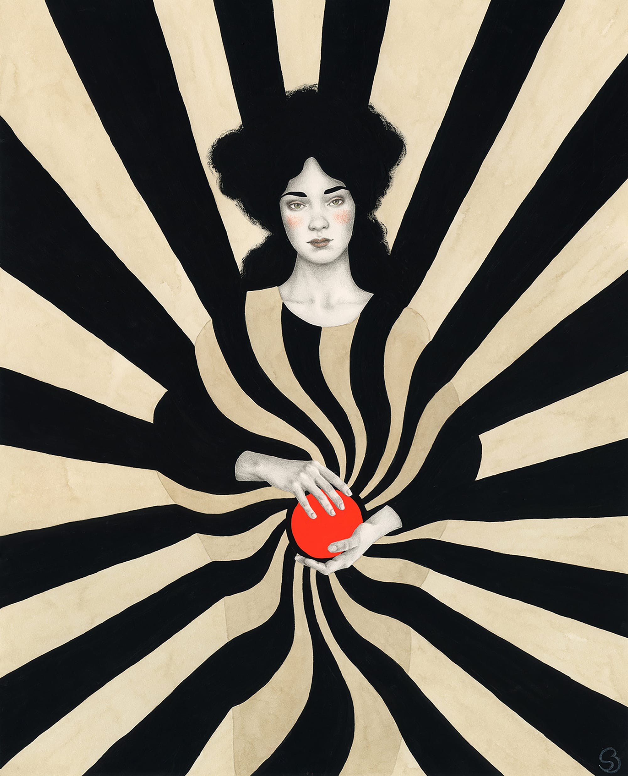 a stylish painting by Sofia Bonati of a woman surrounded by a symmetric geometric pattern