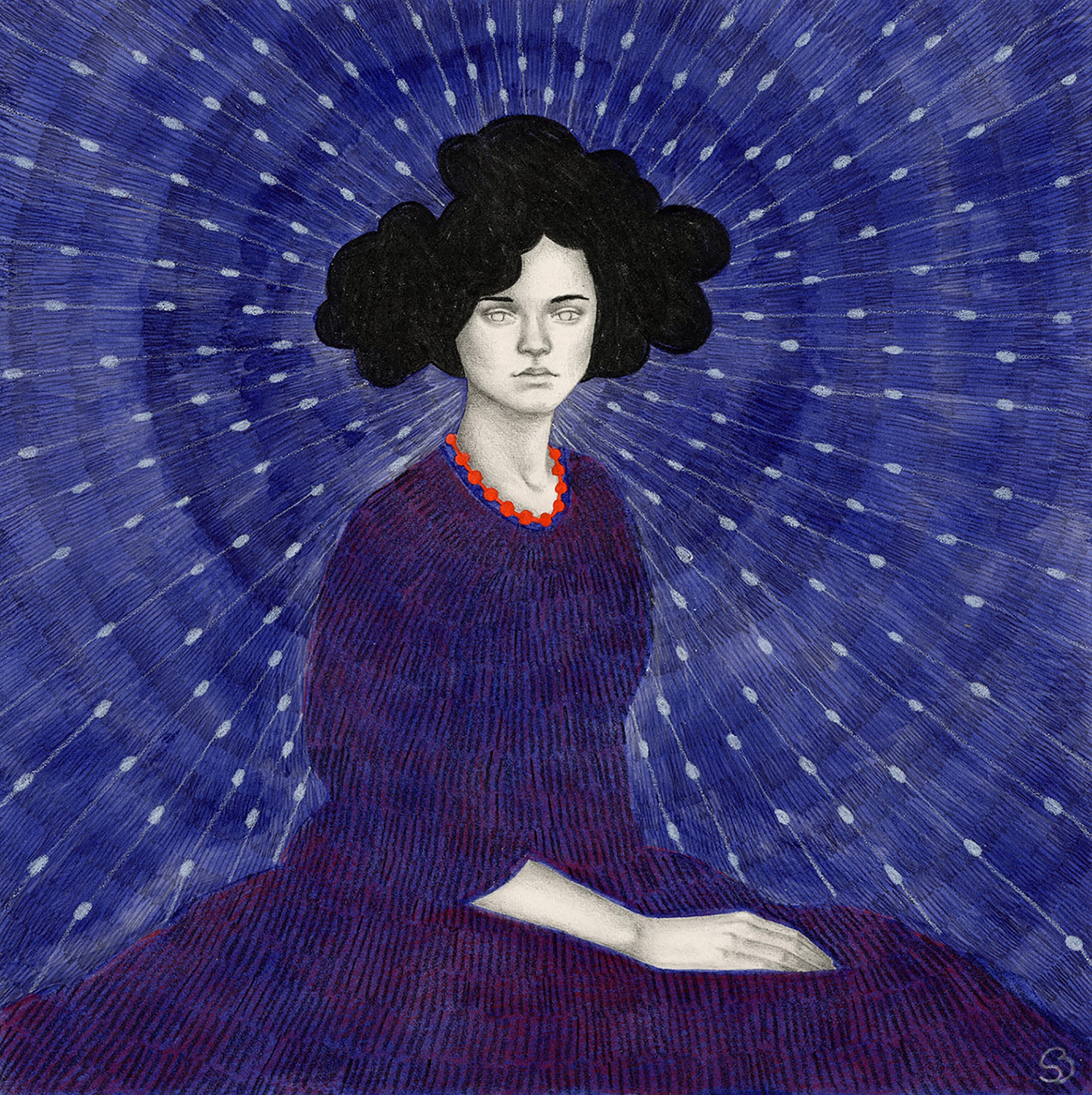 a stylish painting by Sofia Bonati of a women with a purple outfit against a patterned background