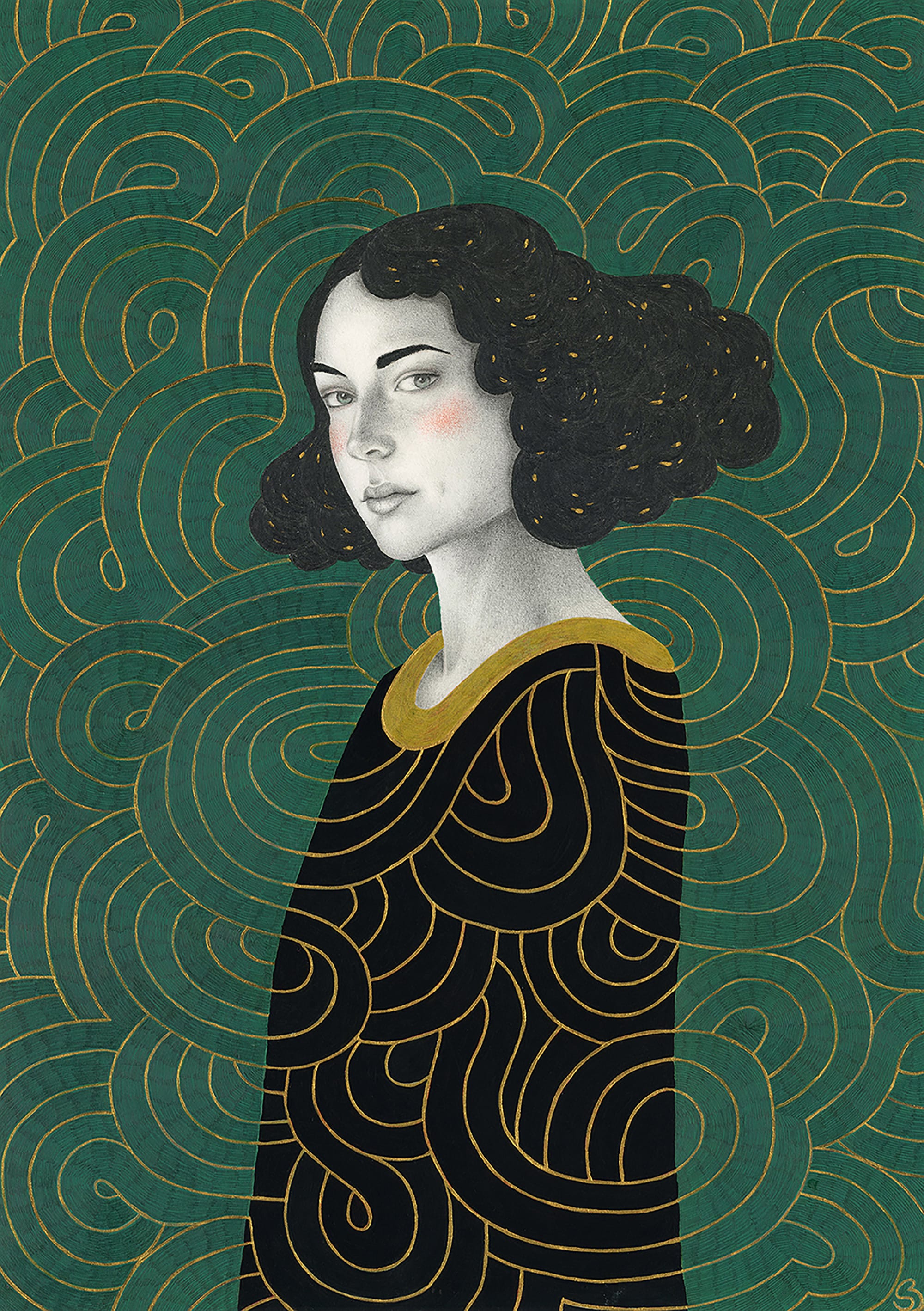 a stylish painting by Sofia Bonati of a women with a patterned outfit against a patterned background