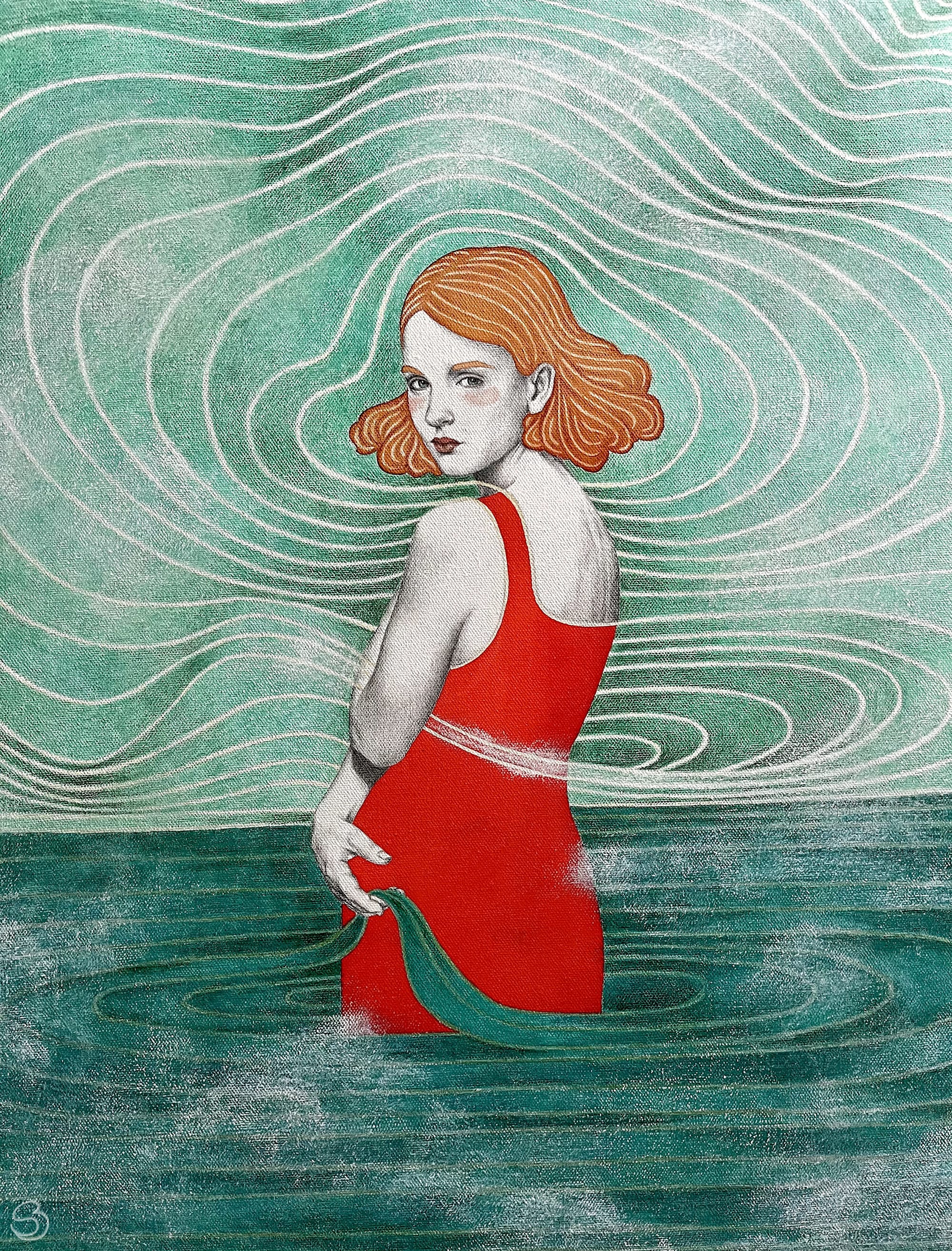 a stylish painting by Sofia Bonati of a woman in a red dress, surrounded by a linear, patterned background