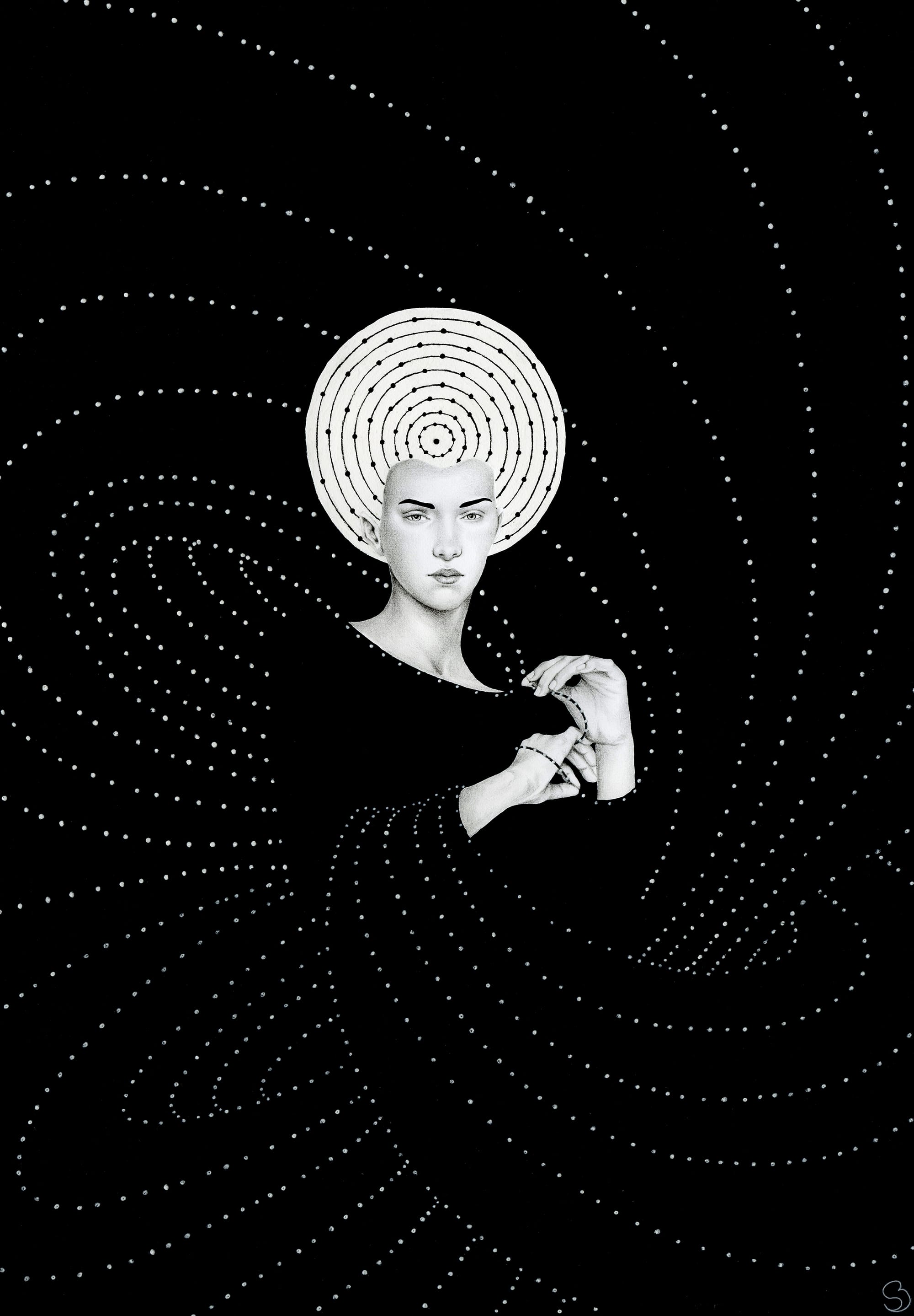 a stylish painting by Sofia Bonati of a woman surrounded by a black, patterned background