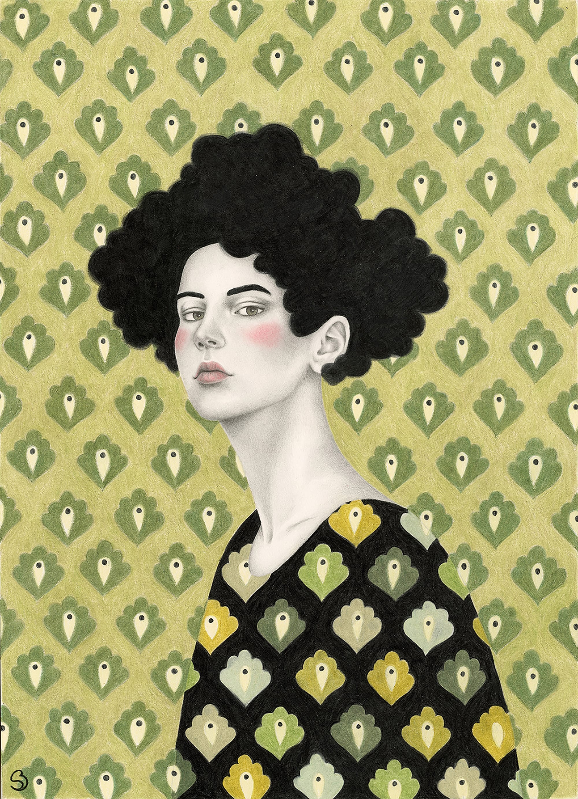 a stylish painting by Sofia Bonati of a women with a patterned outfit against a patterned background