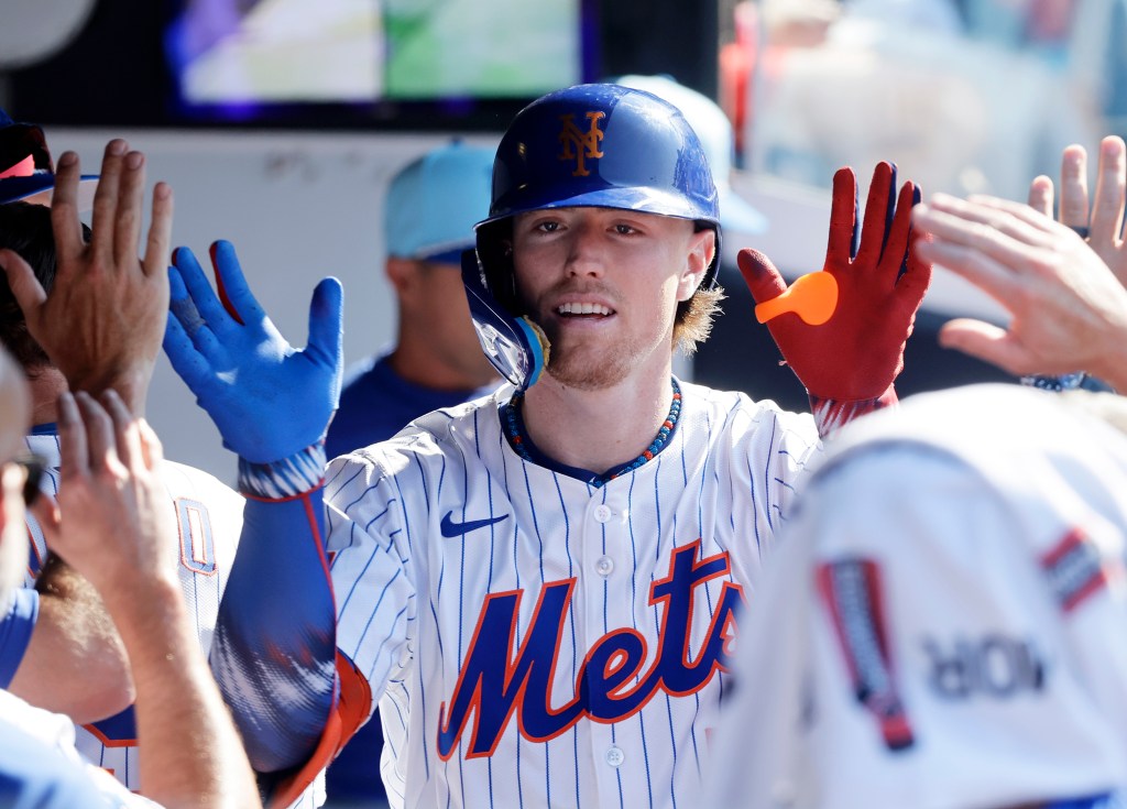 Brett Baty celebrates during the Mets-Yankees game on July 4, 2025. 