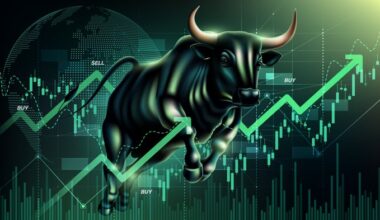 A green bull jumping over a green arrow and stock chart.