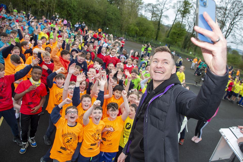 David Gillick takes a selfie at the Marathon Kids Run in Ballymore Eustace GAA. Photo: Michael Kelly