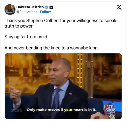 Person in a suit speaking passionately on a talk show. Caption: "Only make moves if your heart is in it." Text above thanks Stephen Colbert