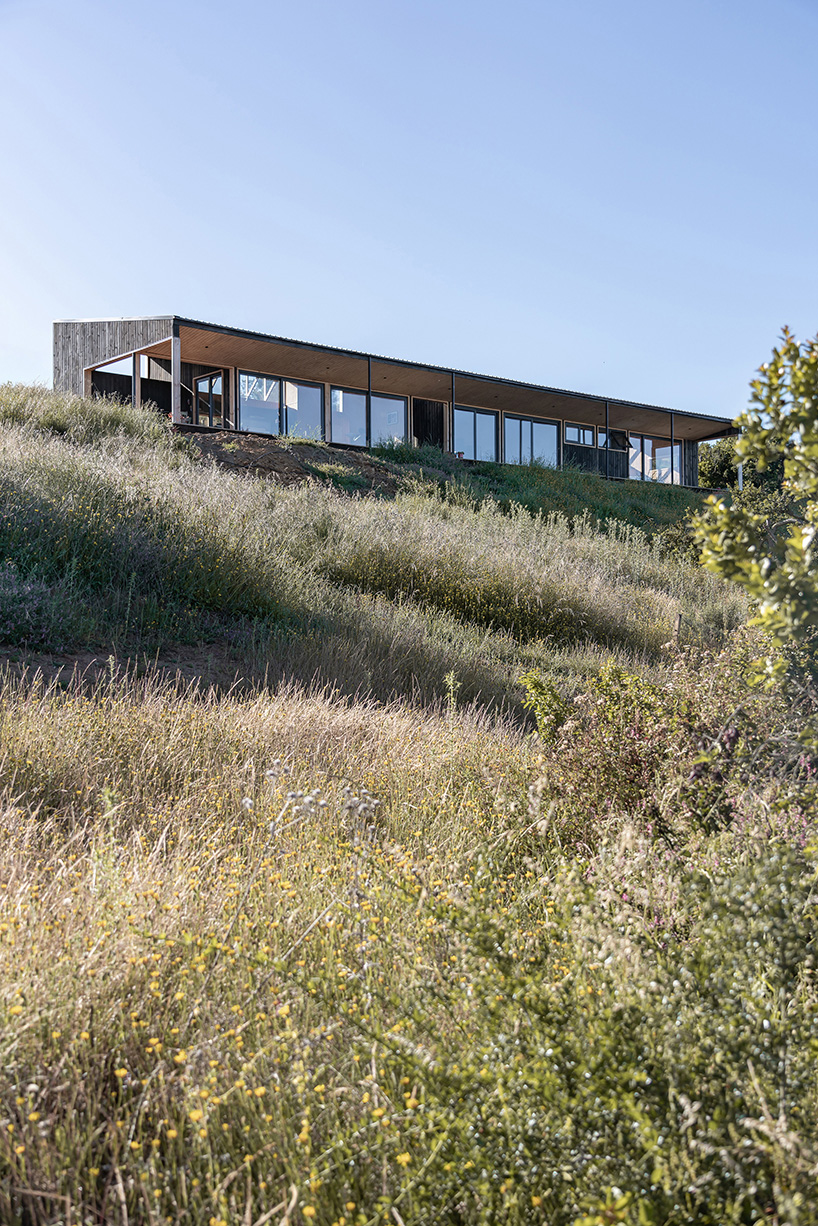 charred timber wraps linear casa las tupas, topped with pitched roof in northern chile