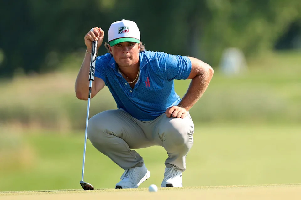 Amateur Michael La Sasso of the United States lines up a putt on the 16th green during the third round of the 3M Open 2025 at TPC Twin Cities on July 26, 2025 in Blaine, Minnesota.