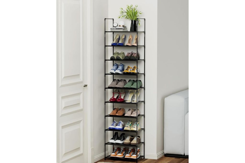 A shoe rack with shoes.