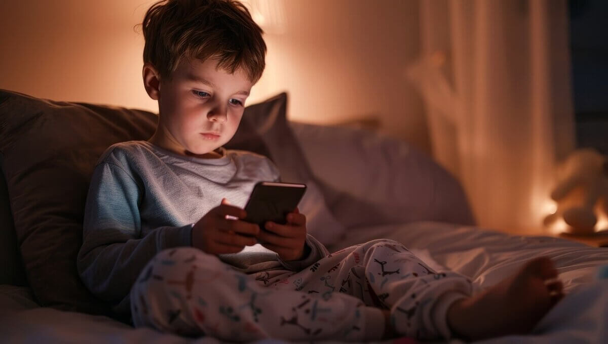 child in bed with phone